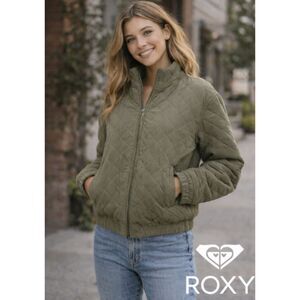 Roxy Women's Quilted Jacket Small Green Zip-Up Puffer Bomber Coat Streetwear NWT